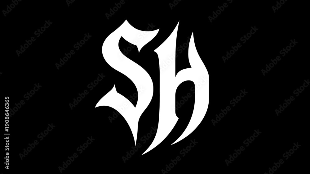 Naklejka premium Elegant white gothic style 'SH' monogram design on a plain black background, ornate, abstract, calligraphic, typography concept.
