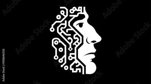 Artificial Intelligence Human Face Circuit Board Profile Illustration. Digital Mind, Technology Concept, AI Brain, Modern Robotics