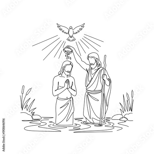 Continuous line vector of baptism scene with Jesus, John the Baptist and dove in river setting. Commemorationg of religious tradition