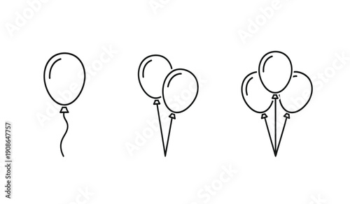A set of black line drawings of balloons