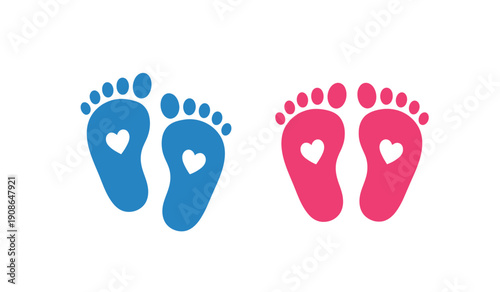 Cute baby footprints with hearts in blue and pink colors on for love and parenthood concepts