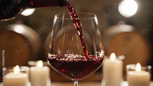 Red wine poured from a bottle into a glass, with candles and barrels in a warm, cozy setting.