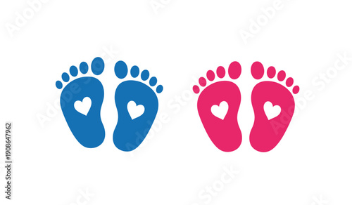 A pair of blue and pink baby feet with hearts on isolated symbolizing love and parenthood