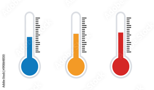 Three colorful thermometers with mercury columns on for temperature measurement