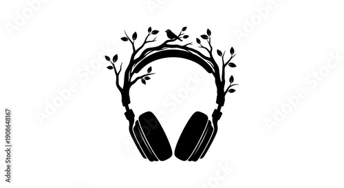 A black silhouette of headphones with leaves and branches entwined around them, symbolizing music and nature harmony in a simple yet elegant illustration.