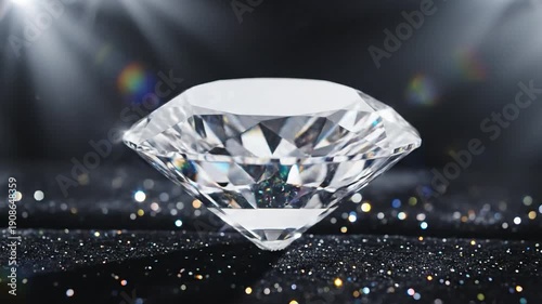 A brilliant cut diamond reflects light on a dark, sparkling surface.