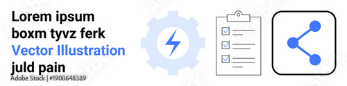 Workflow planning, task management, data sharing, digital platforms, technology, automation. A gear with lightning bolt, list clipboard and share symbol. Task management and automation concepts