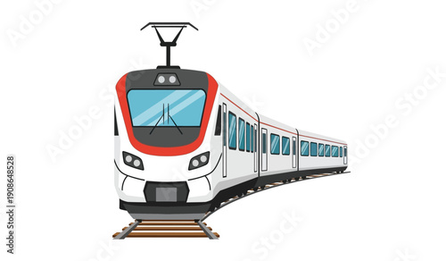 Modern electric train with red and black accents on tracks moving forward