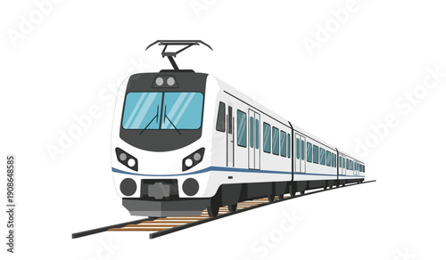 Modern white train traveling on tracks with blue accents and large windows