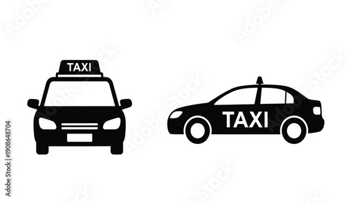 Black silhouette of a taxi cab with the word taxi on the roof and side