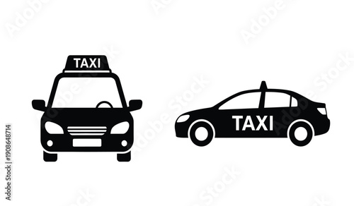 Black silhouettes of a taxi cab and sedan with taxi signs on top and side