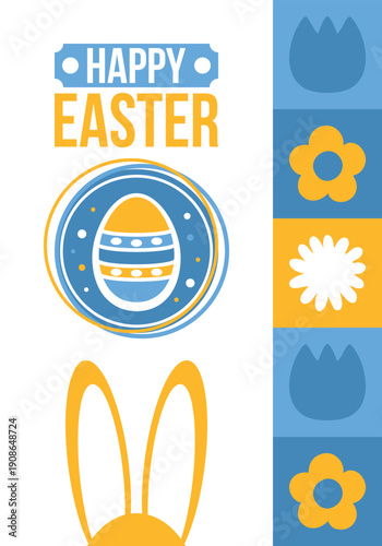 Happy Easter in April. Christian spring holiday in honor of the resurrection of Christ. Biblical history. Traditional dyeing eggs with patterns, fun game for children searching for easter eggs. Vector