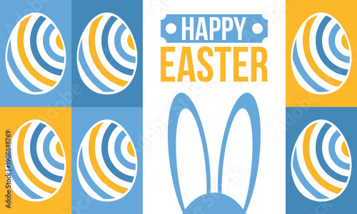 Happy Easter in April. Christian spring holiday in honor of the resurrection of Christ. Biblical history. Traditional dyeing eggs with patterns, fun game for children searching for easter eggs. Vector