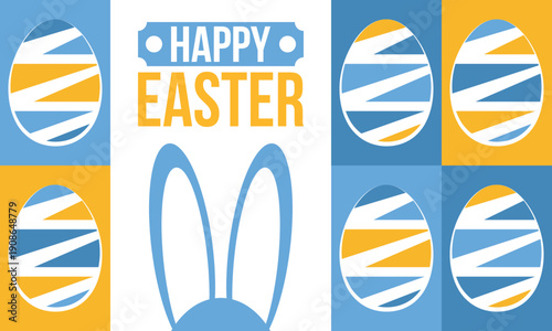Happy Easter in April. Christian spring holiday in honor of the resurrection of Christ. Biblical history. Traditional dyeing eggs with patterns, fun game for children searching for easter eggs. Vector