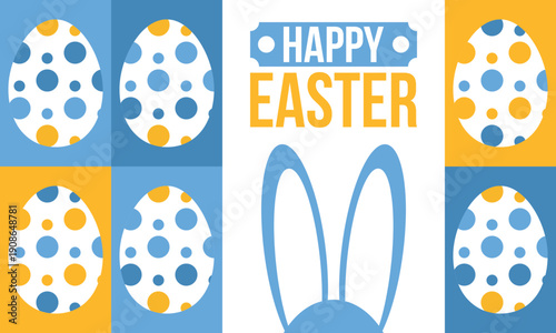 Happy Easter in April. Christian spring holiday in honor of the resurrection of Christ. Biblical history. Traditional dyeing eggs with patterns, fun game for children searching for easter eggs. Vector