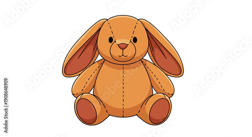 Cuddly orange cartoon bunny sitting upright with long ears and stitched details, illustration, close-up view
