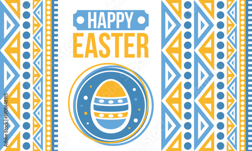 Happy Easter in April. Christian spring holiday in honor of the resurrection of Christ. Biblical history. Traditional dyeing eggs with patterns, fun game for children searching for easter eggs. Vector