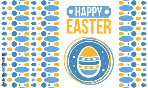 Happy Easter in April. Christian spring holiday in honor of the resurrection of Christ. Biblical history. Traditional dyeing eggs with patterns, fun game for children searching for easter eggs. Vector