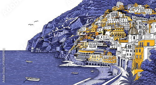 A scenic illustration of a seaside town on a cliffside with white buildings and winding roads, viewed from a distance.