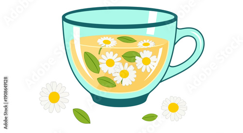 A serene illustration of a cup of herbal tea with flowers and leaves floating inside, viewed from above on a clean background