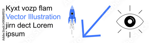 Vision, progress, innovation, navigation, direction, exploration. Blue rocket launching, eye with rays downward arrow. Vision and progress aligned to innovation and direction
