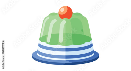 Delectable green jelly dessert topped with a vibrant red cherry, served on a striped plate, indicating a sweet treat.