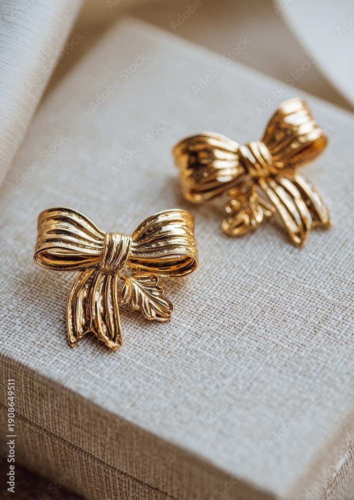 Fototapeta premium Elegant Gold Bow Earrings on Linen Box