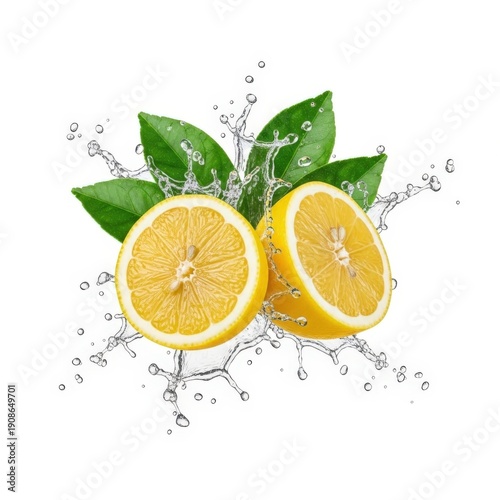 Freshly sliced lemons with vibrant green leaves and sparkling water droplets around them