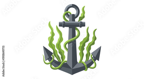 Robust graphic illustration of a heavy ship's anchor entwined with vibrant green seaweed, symbolizing maritime exploration, stability, deep sea discovery, and enduring strength.