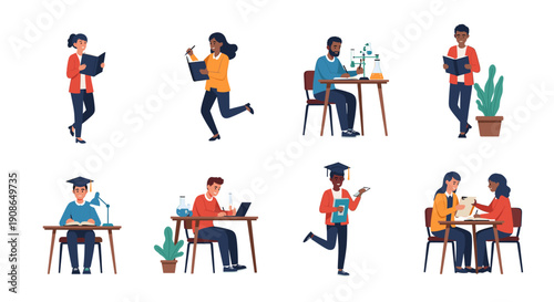 A cheerful graduate student diligently studies at his desk, perfect for educational content and motivational themes.