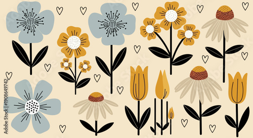 An assortment of colorful flowers and hearts arranged in a vibrant floral pattern from a direct overhead viewpoint