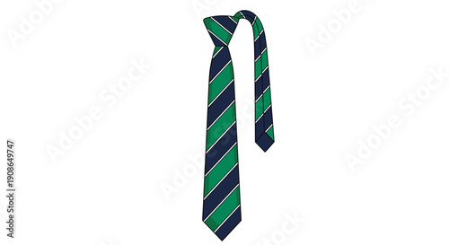 Stylish graphic illustration of a striped necktie in green and dark blue, signifying professionalism, formal attire, business wear, and corporate fashion for a polished look.