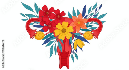Vibrant illustration of a uterus adorned with flowers and leaves from a front viewpoint
