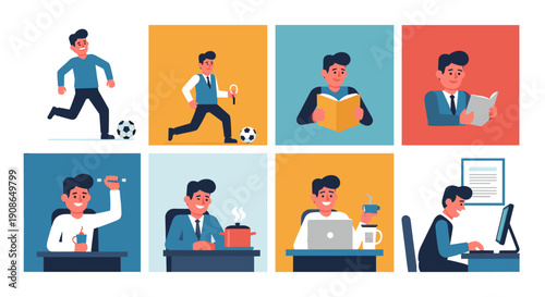 A cheerful man sipping coffee at his desk, perfect for illustrating productivity and work-life balance.