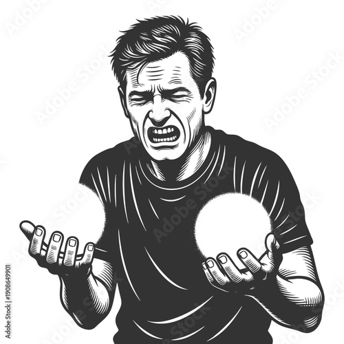 distressed man gripping two glowing orbs in his hands, symbolizing inner struggle or intense emotion sketch engraving generative ai vector illustration. Scratch board imitation. Black and white image.