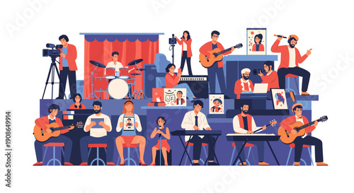 A cheerful man strums his guitar, evoking happiness and creativity, perfect for music-related content.