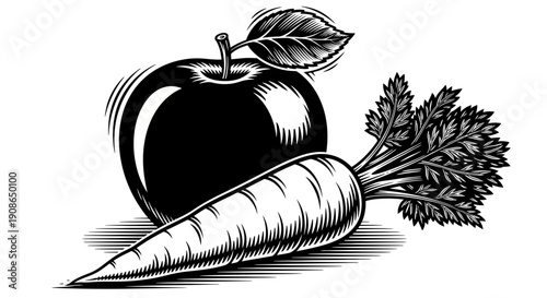 A black and white illustration of a carrot and an apple with leaves, depicted from a straightforward viewpoint