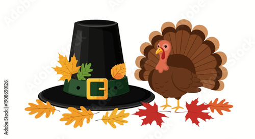 A pilgrim hat and a turkey standing together surrounded by autumn leaves on a festive thanksgiving scene from a front viewpoint