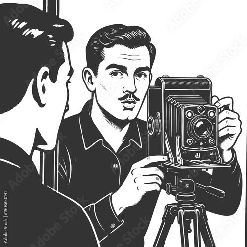 man holding an old-fashioned camera while capturing his reflection in mirror, evoking retro photography themes sketch engraving generative ai vector illustration. Scratch board. Black and white image