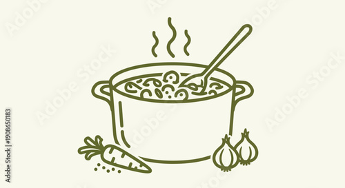 A steaming pot of soup with vegetables and a spoon, surrounded by ingredients, in a simple illustration style from a straightforward viewpoint