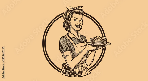 A vintage-style illustration of a smiling woman holding a cake, wearing an apron, surrounded by a circular frame