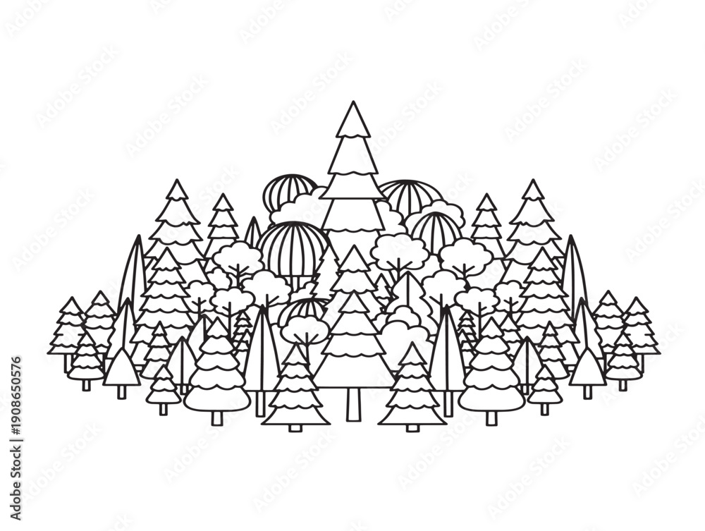 Obraz premium Dense forest shapes line art vector with a rich and complex composition
