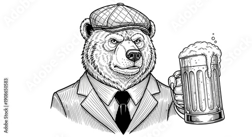 A sophisticated bear in a suit holding a foamy beer mug, depicted in a detailed illustration from a frontal viewpoint