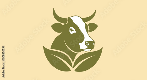A serene cow's head surrounded by leaves in a minimalist illustration showcasing eco-friendliness