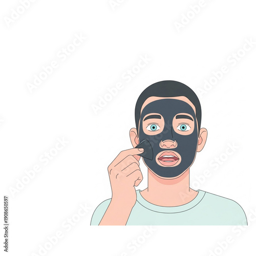 Young man applying a black face mask while looking surprised indoors  
