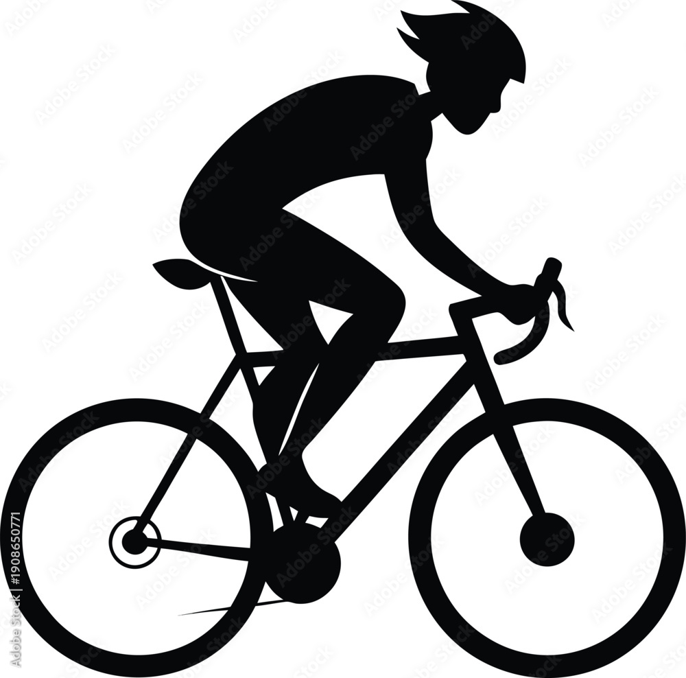 Obraz premium Detailed black silhouette of a male cyclist wearing a helmet and riding a road bike in a fast racing pose, flat vector art