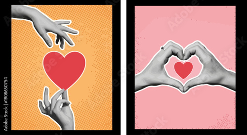 Hands forming heart shapes and holding hearts in graphic illustrations