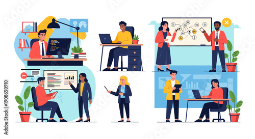 A cheerful man works at his desk in a bright office, surrounded by greenery, evoking productivity and focus.