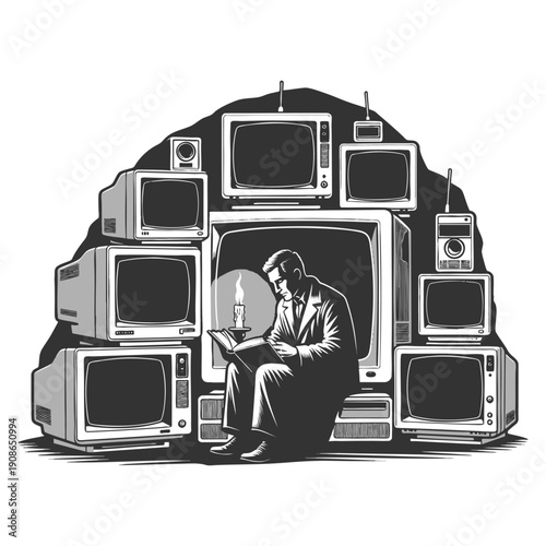 man reading a book by candlelight, seated inside a cave-like wall of vintage televisions sketch engraving generative ai fictional character vector illustration. Scratch board. Black and white image.