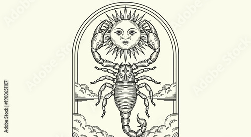 A scorpion illustration with a sun face emerging from its claws, surrounded by clouds, in a vintage arched frame.